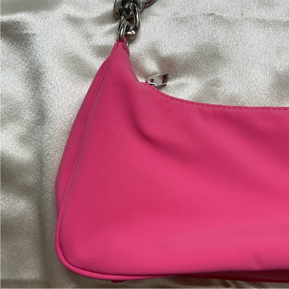 Nylon Curved 90s Shoulder Bag Purse Handbag with Silver Chain Strap Pink - Picture 8 of 12